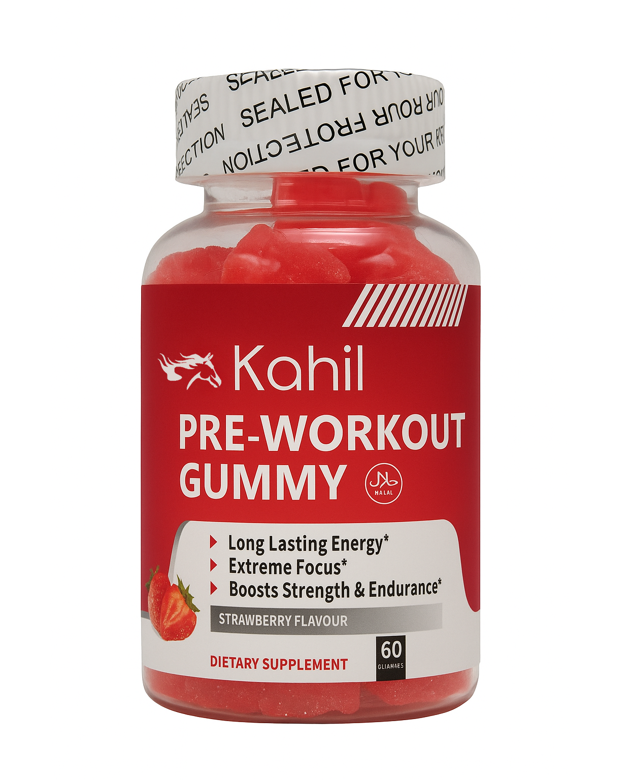 Kahil – Pre-Workout-Gummibärchen – Erdbeergeschmack – 60 Stück – mit Vitamin B12, Kreatin und Taurin – Shot