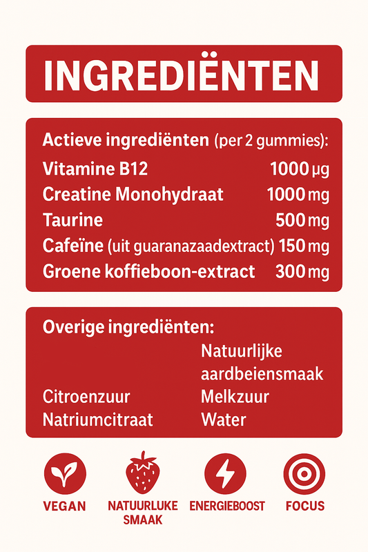 Kahil - Pre-Workout Gummies - Aardbei Smaak - 60 Stuks - met Vitamine B12 Creatine en Taurine - Shot