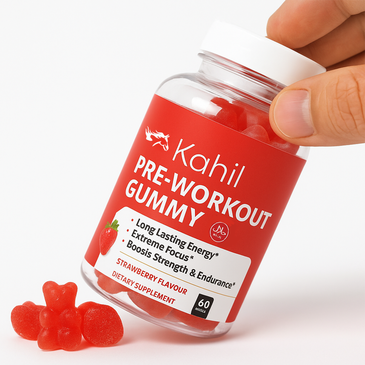 Kahil – Pre-Workout-Gummibärchen – Erdbeergeschmack – 60 Stück – mit Vitamin B12, Kreatin und Taurin – Shot
