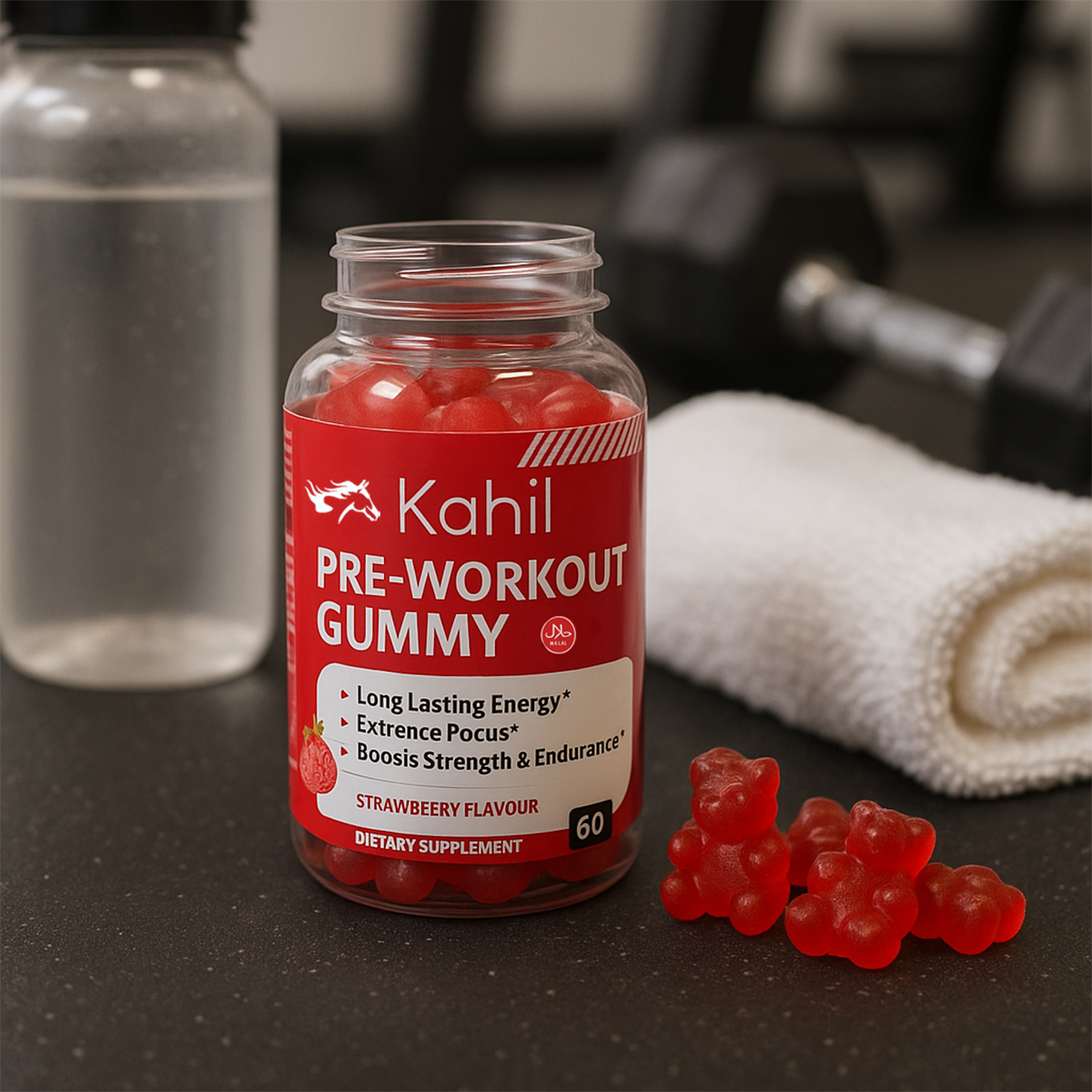 Kahil – Pre-Workout-Gummibärchen – Erdbeergeschmack – 60 Stück – mit Vitamin B12, Kreatin und Taurin – Shot